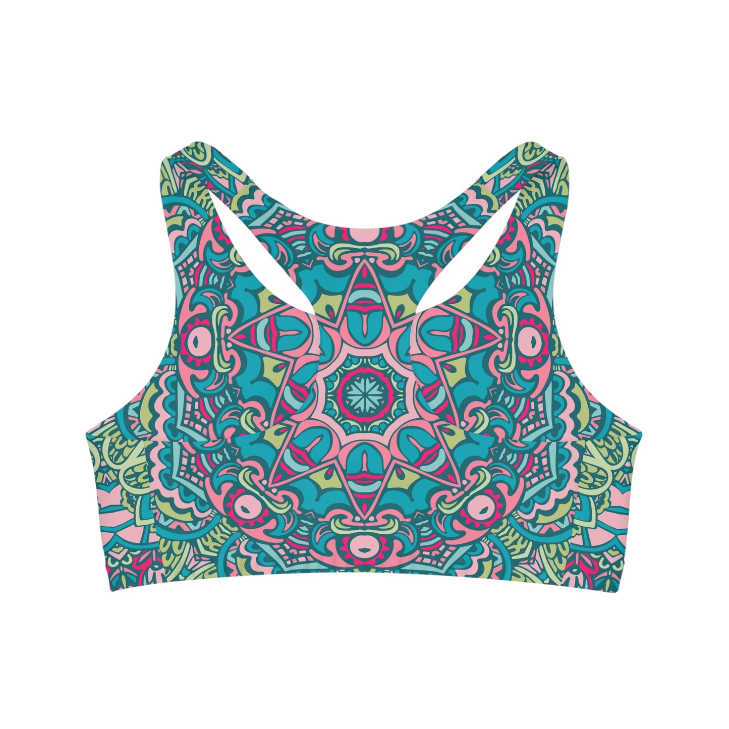 Boho Bliss: All Over Print Seamless Sports Bra with Green Boho Vibes