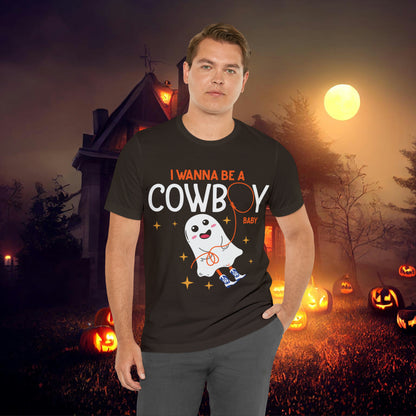 Little Ghost Saying I wanna be a cowboy baby Retro Groovy Western Halloween Unisex Jersey Short Sleeve Tee Gifts for Him Gifts for her.