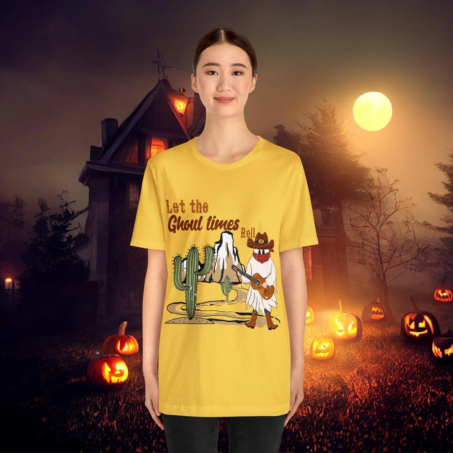 Cowboy Ghost playing the Guitar singing Let the Ghoul times roll Halloween Unisex Jersey Short Sleeve Tee Gifts for him Gifts for Her