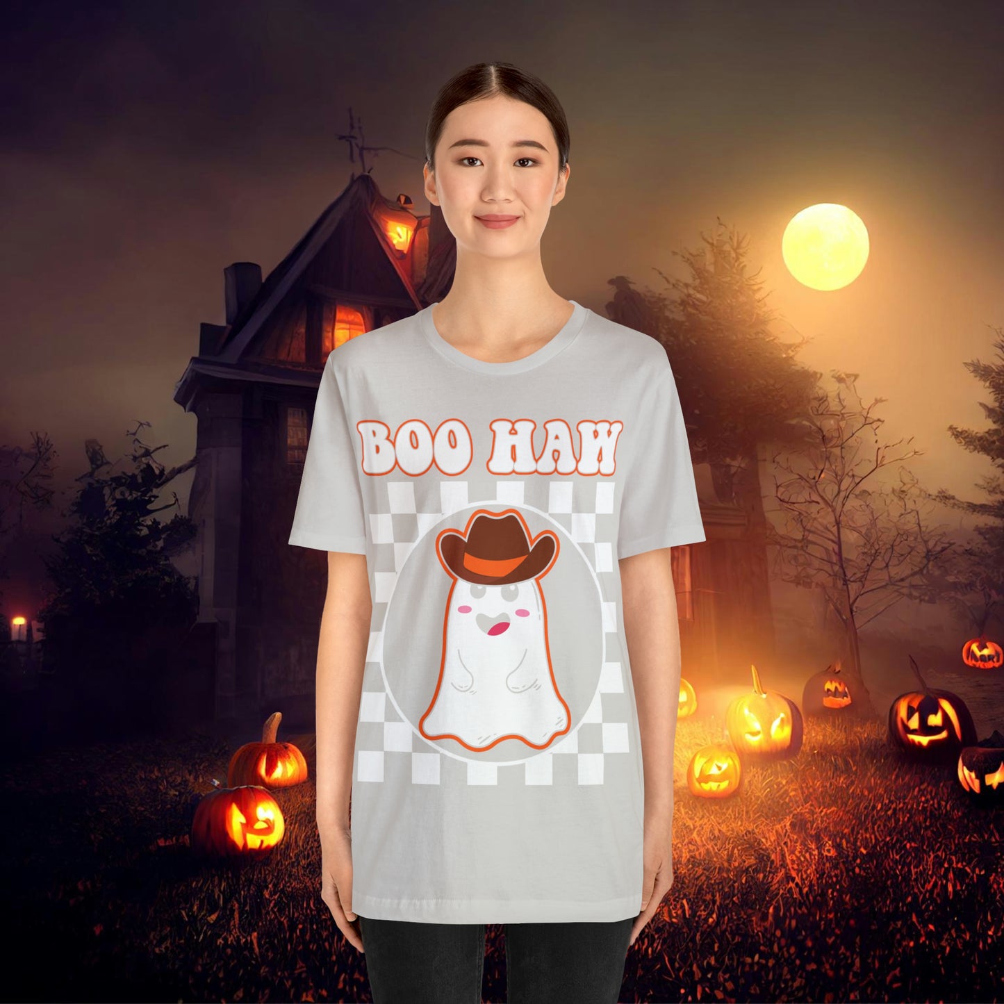 Cute Cowboy Ghost Saying Boo Haw Retro Groovy Western Halloween Unisex Jersey Short Sleeve Tee Gifts for Him Gifts For Her