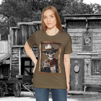 Spooky Saloon Showdown Gunslinging Skeleton Cowboy Halloween Unisex Jersey Short Sleeve Tee