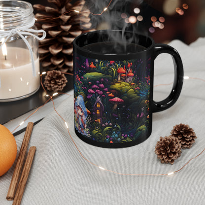 Fairy Tale Magical Forest With Colorful Mushrooms with little gnome girl11oz Black Mug