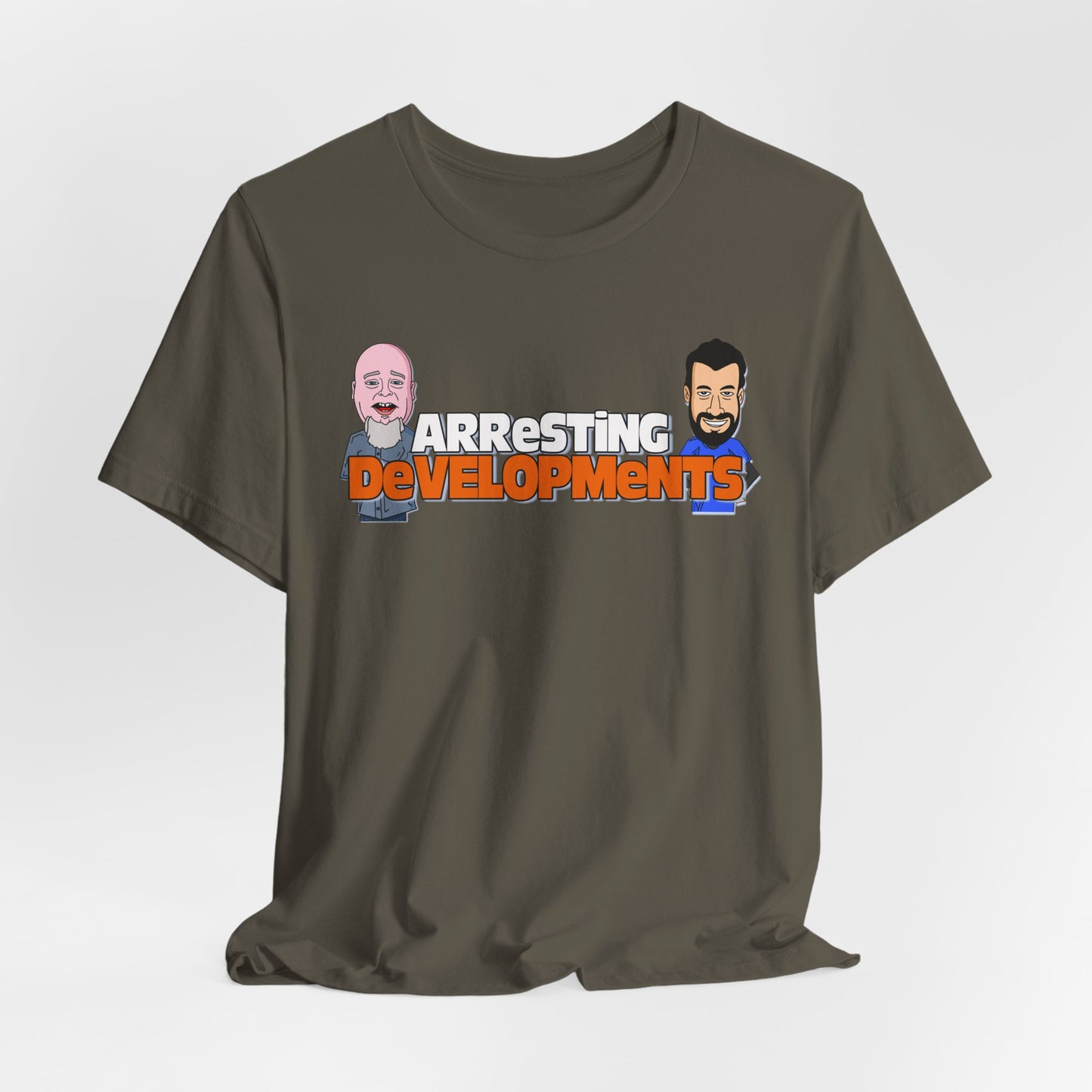 Arresting Developments Illustrated Tee – True Crime Podcast Shirt Featuring Mike Willever & Producer Joe
