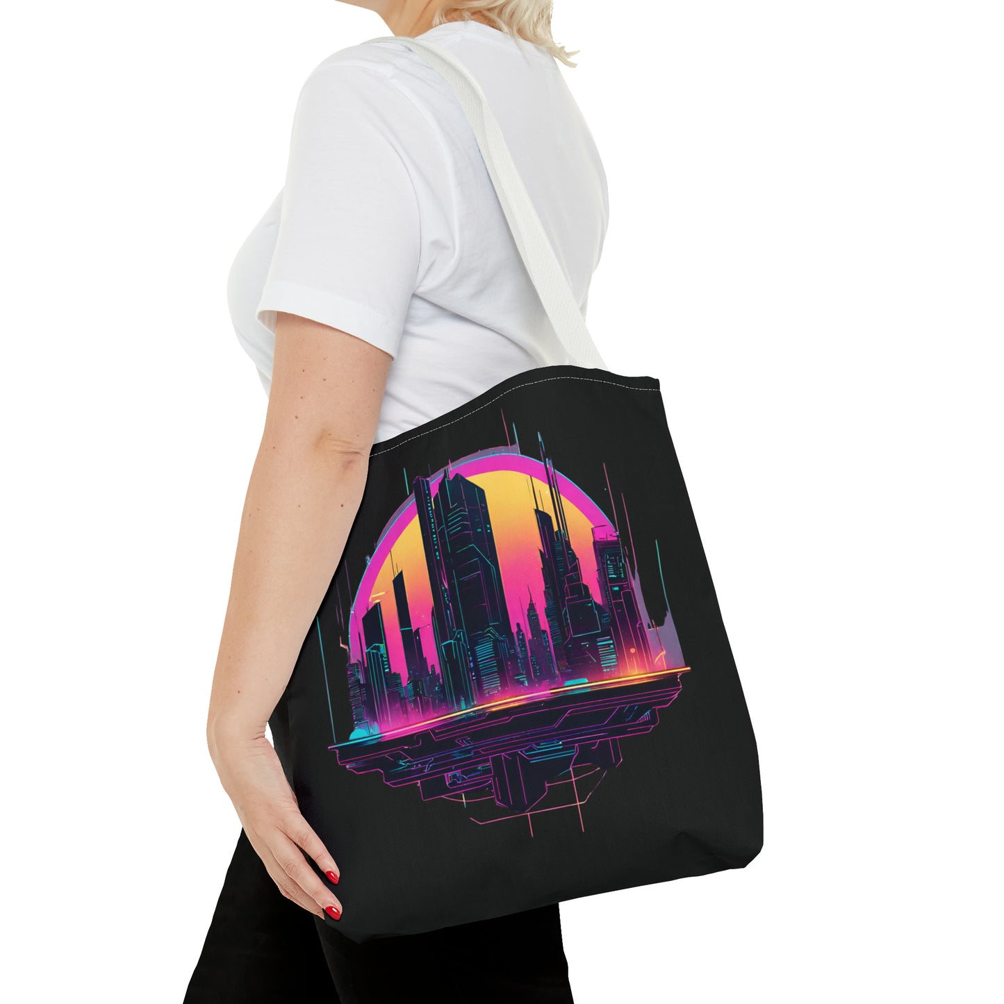 Cyberpunk City Landscape AOP Tote Bag 3 sizes 5 color handle options