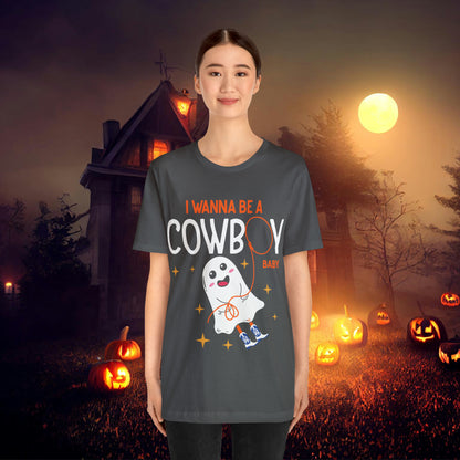 Little Ghost Saying I wanna be a cowboy baby Retro Groovy Western Halloween Unisex Jersey Short Sleeve Tee Gifts for Him Gifts for her.