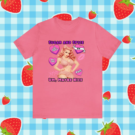 Sarcastic Elegance: Vintage Pink Pinup Girl "Sugar and Spice" on a Bella+Canva 3001 Unisex Jersey T-Shirt - A Must-Have Gift for her