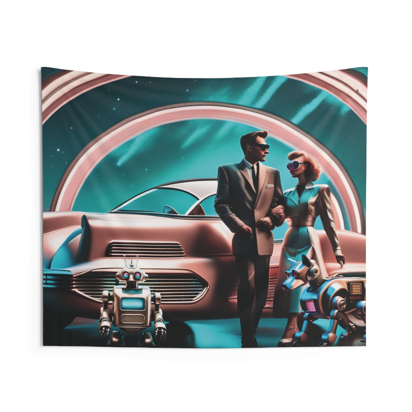 Retro-Futuristic Romance: Indoor Tapestry of a 50's Couple in a Futuristic World