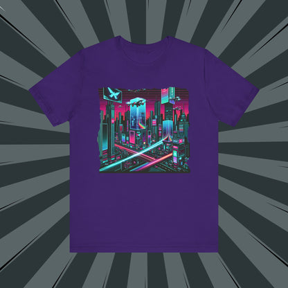Neon Cityscape Tee, Retro Graphic T-Shirt, Unisex Casual Wear, Streetwear, Holiday Gift, Cyberpunk Style