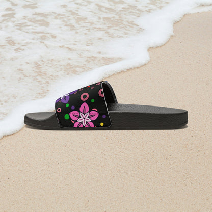 Good Times Good Vibes Feeling Groovy Retro Colorful Flowers Women's PU Slide Sandals