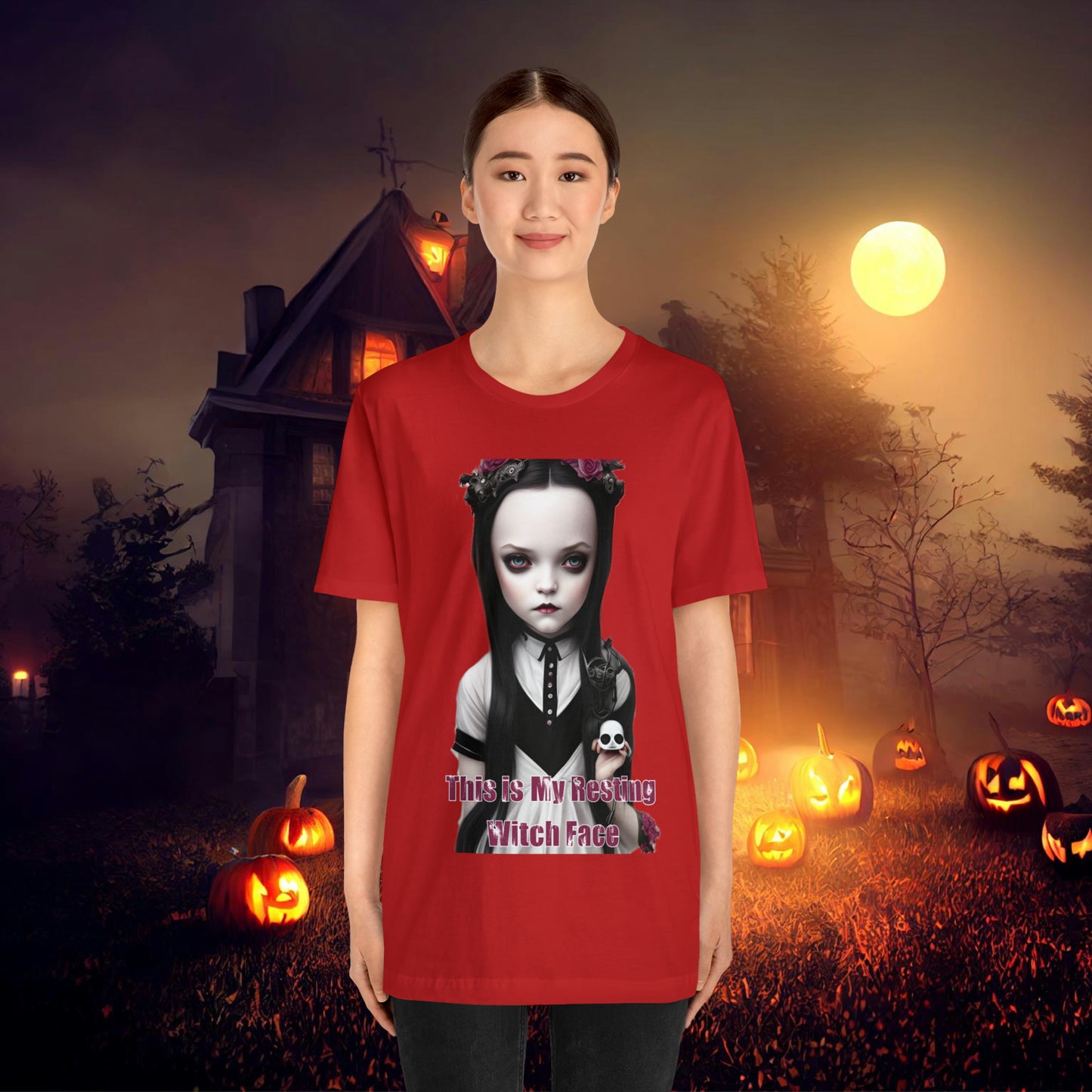 Wednesday Addams Chibi by Charlie Bowater This Is my Resting Witch Face Halloween Unisex Jersey Short Sleeve Tee