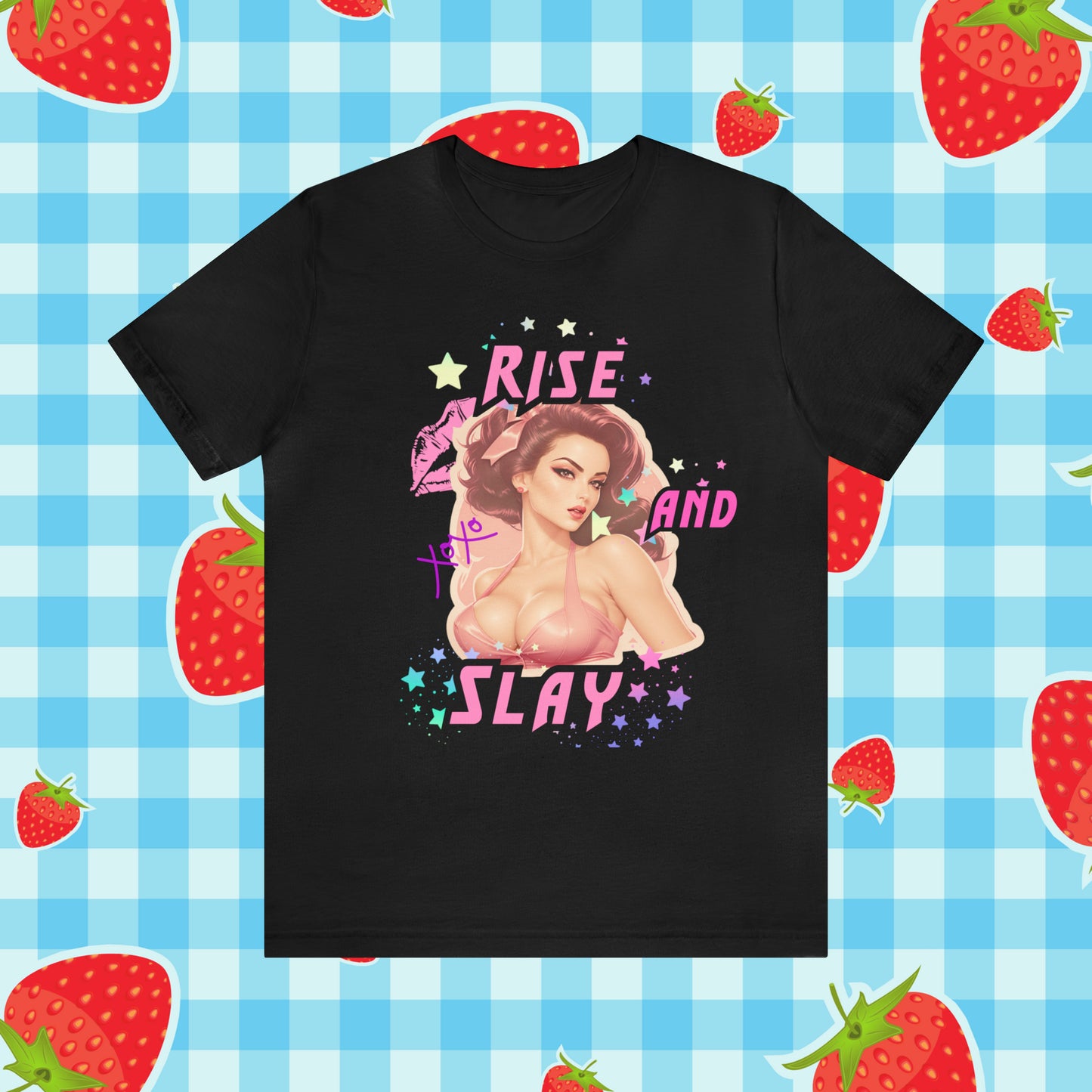 Vintage Pink Pinup Girl "Rise and Slay" on a Bella+Canva 3001 Unisex Jersey T-Shirt - A Must-Have Gift for her