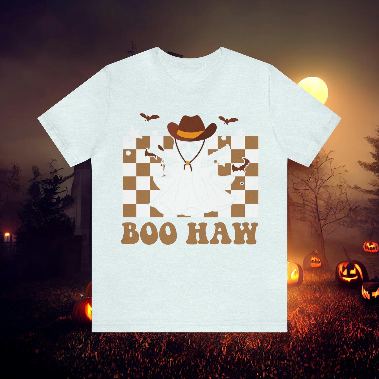 Cowboy Gunslinging Ghost saying Boo Haw Retro Western Halloween Unisex Jersey Short Sleeve Tee Gifts for Him Gifts for Her