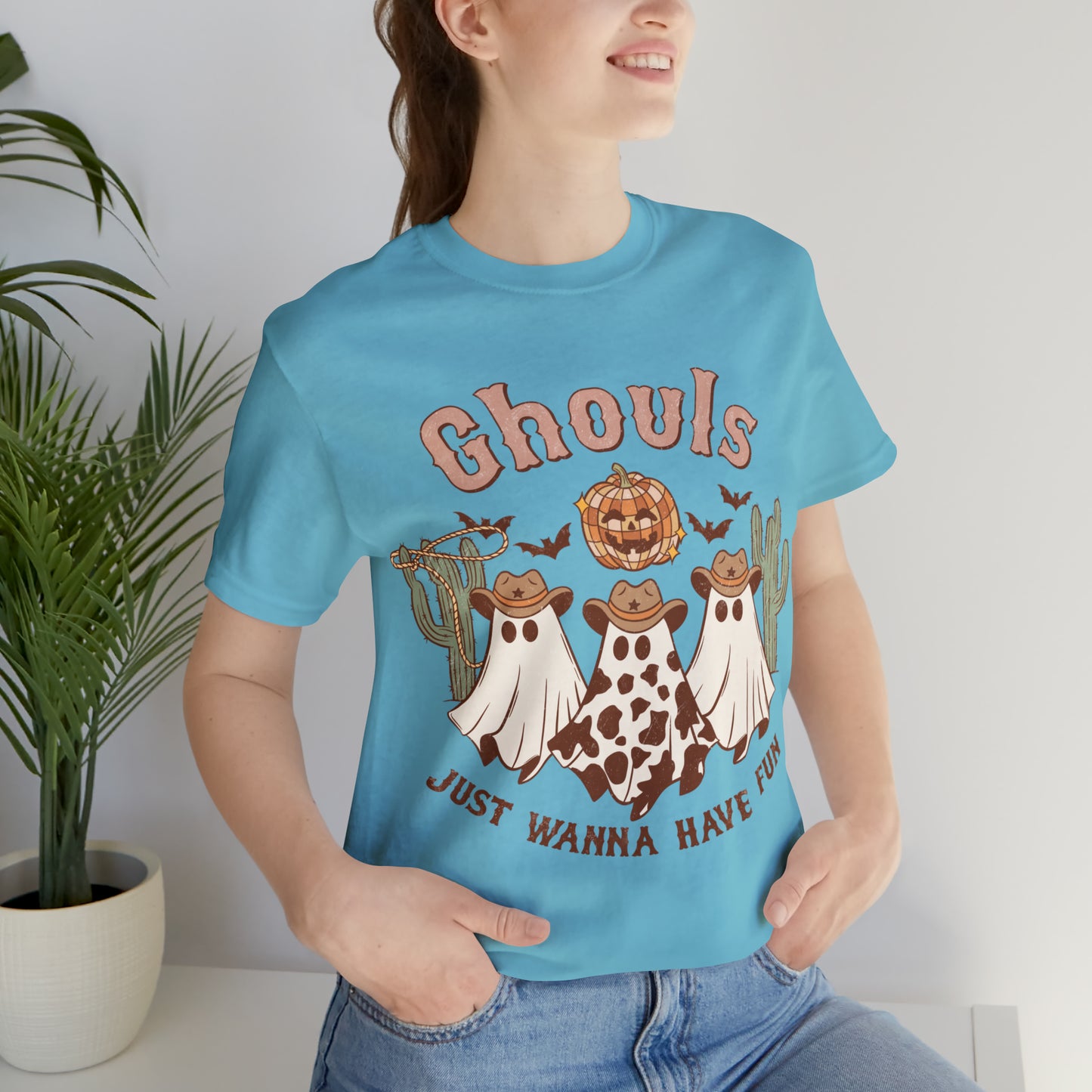 Ghouls Just wanna have fun Cowgirl Ghosts Retro Halloween Unisex Jersey Short Sleeve Tee Gifts for her