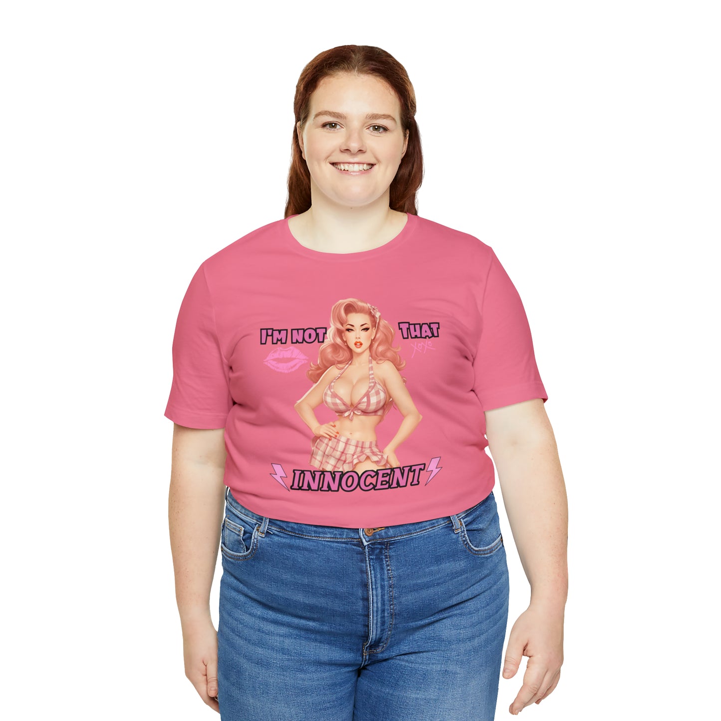 Timeless Elegance: Vintage Pink Pinup Girl "I'm not that Innocent on a Bella+Canva 3001 Unisex Jersey T-Shirt - A Must-Have Gift for her