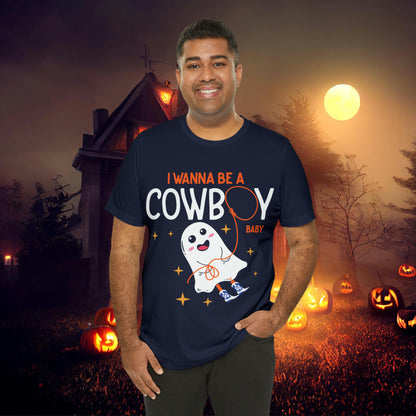 Little Ghost Saying I wanna be a cowboy baby Retro Groovy Western Halloween Unisex Jersey Short Sleeve Tee Gifts for Him Gifts for her.