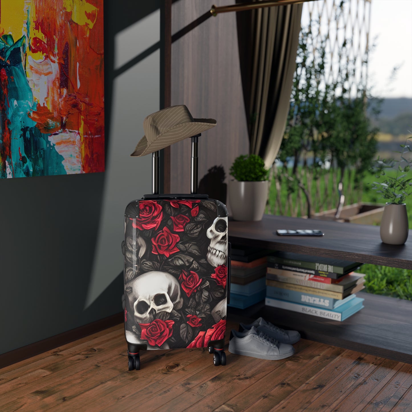 Hyper Realistic Skulls and Red Roses by artist Anne-Laure Goupil Suitcase