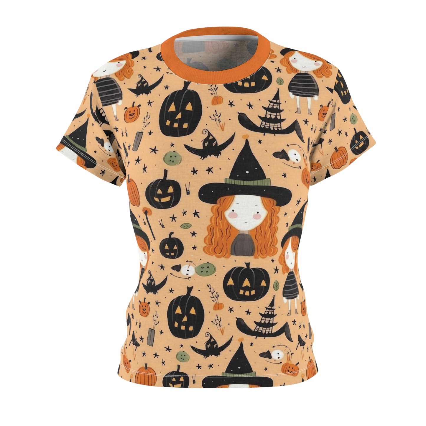 Halloween Trick or Treat Ghosts Witch Hats Jack o Lanterns Women's Cut & Sew Tee (AOP)