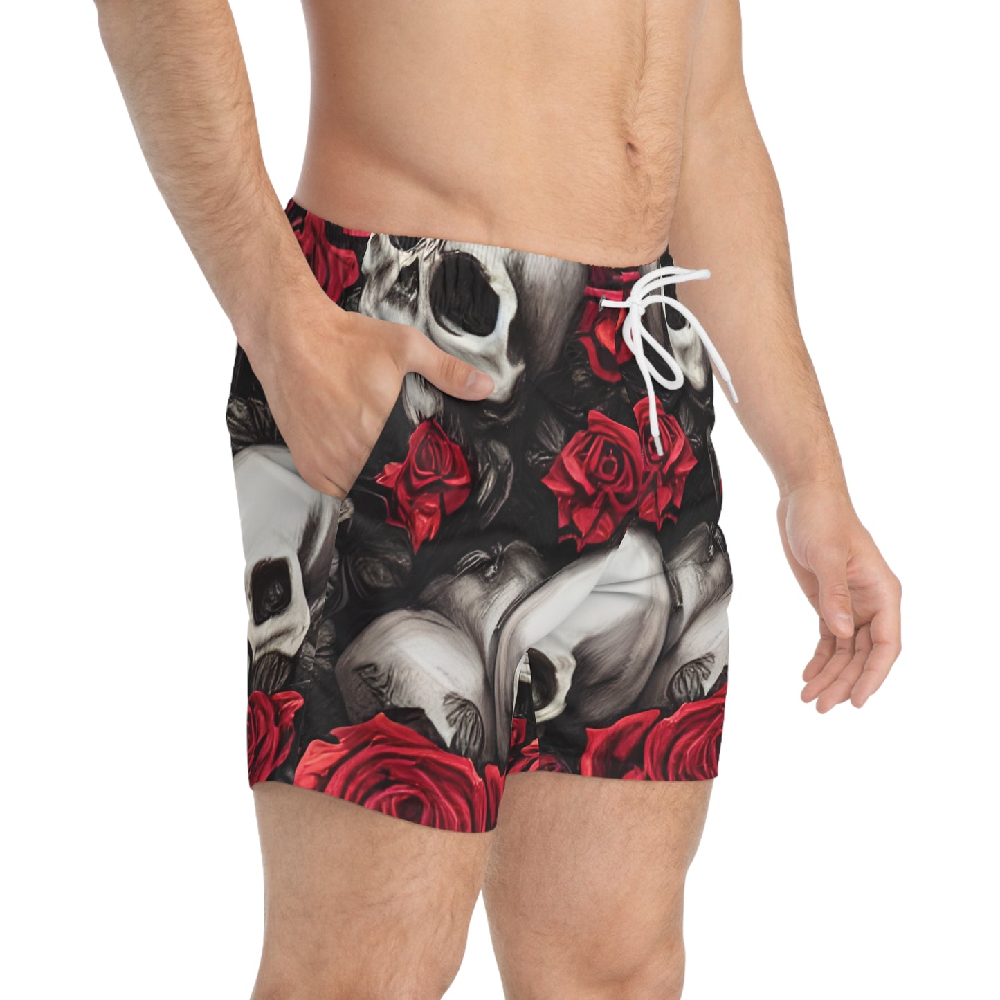 Hyper Realistic Skulls and Red Roses by artist Anne-Laure Goupil Swim Trunks (AOP)