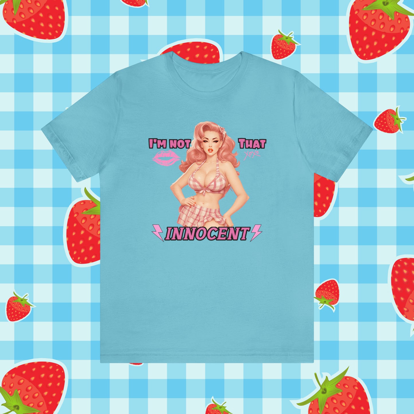 Timeless Elegance: Vintage Pink Pinup Girl "I'm not that Innocent on a Bella+Canva 3001 Unisex Jersey T-Shirt - A Must-Have Gift for her