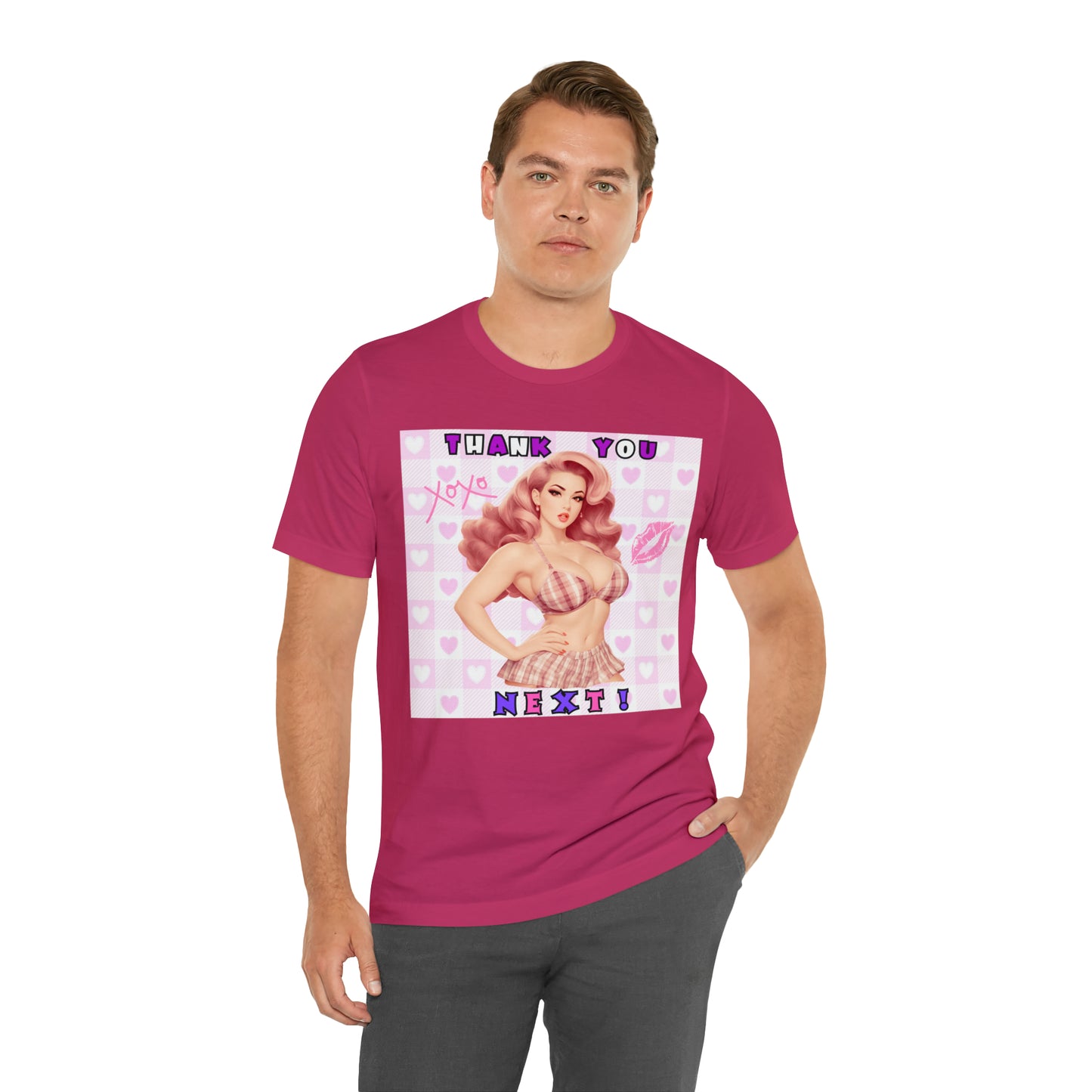 Timeless Elegance: Vintage Pink Pinup Girl "Thank You Next" on a Bella+Canva 3001 Unisex Jersey T-Shirt - A Must-Have Gift for her