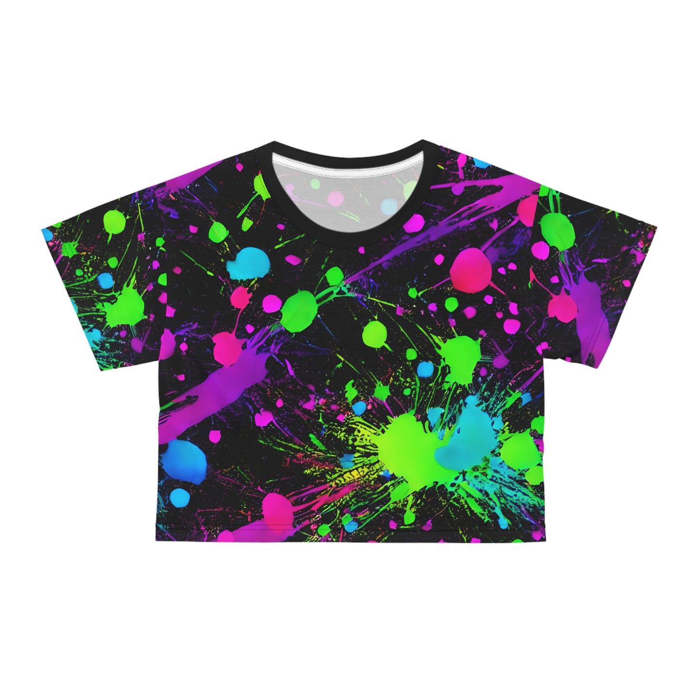 "Green and Pink Paint Splatter Crop Tee (AOP) - Trendy and Vibrant Statement Piece Crop Tee (AOP)