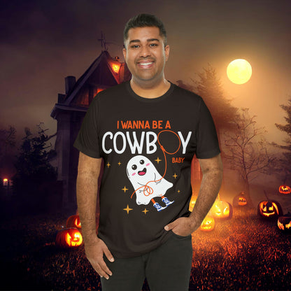 Little Ghost Saying I wanna be a cowboy baby Retro Groovy Western Halloween Unisex Jersey Short Sleeve Tee Gifts for Him Gifts for her.