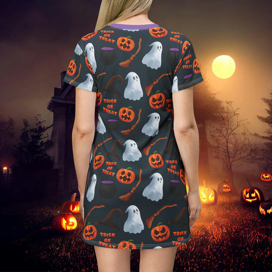 Halloween Trick or Treat Ghosts Witch Hats Jack o Lanterns T-Shirt Dress (AOP)