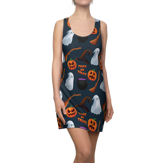 Halloween Trick or Treat Ghosts Witch Hats Jack o Lanterns Women's Cut & Sew Racerback Dress (AOP)