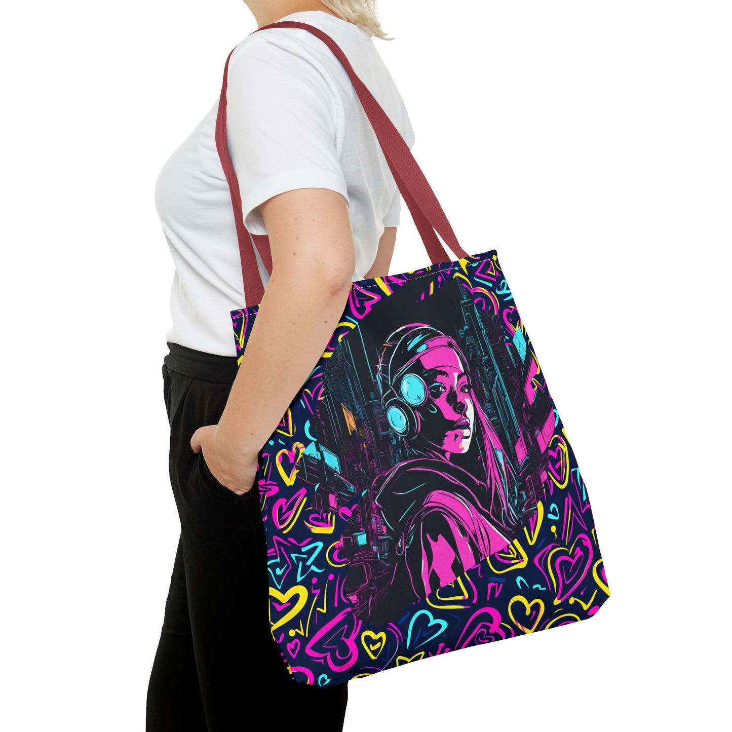 Cyberpunk Girl in Neon Graffiti Hearts AOP Tote Bag 3 sizes 5 color handle options