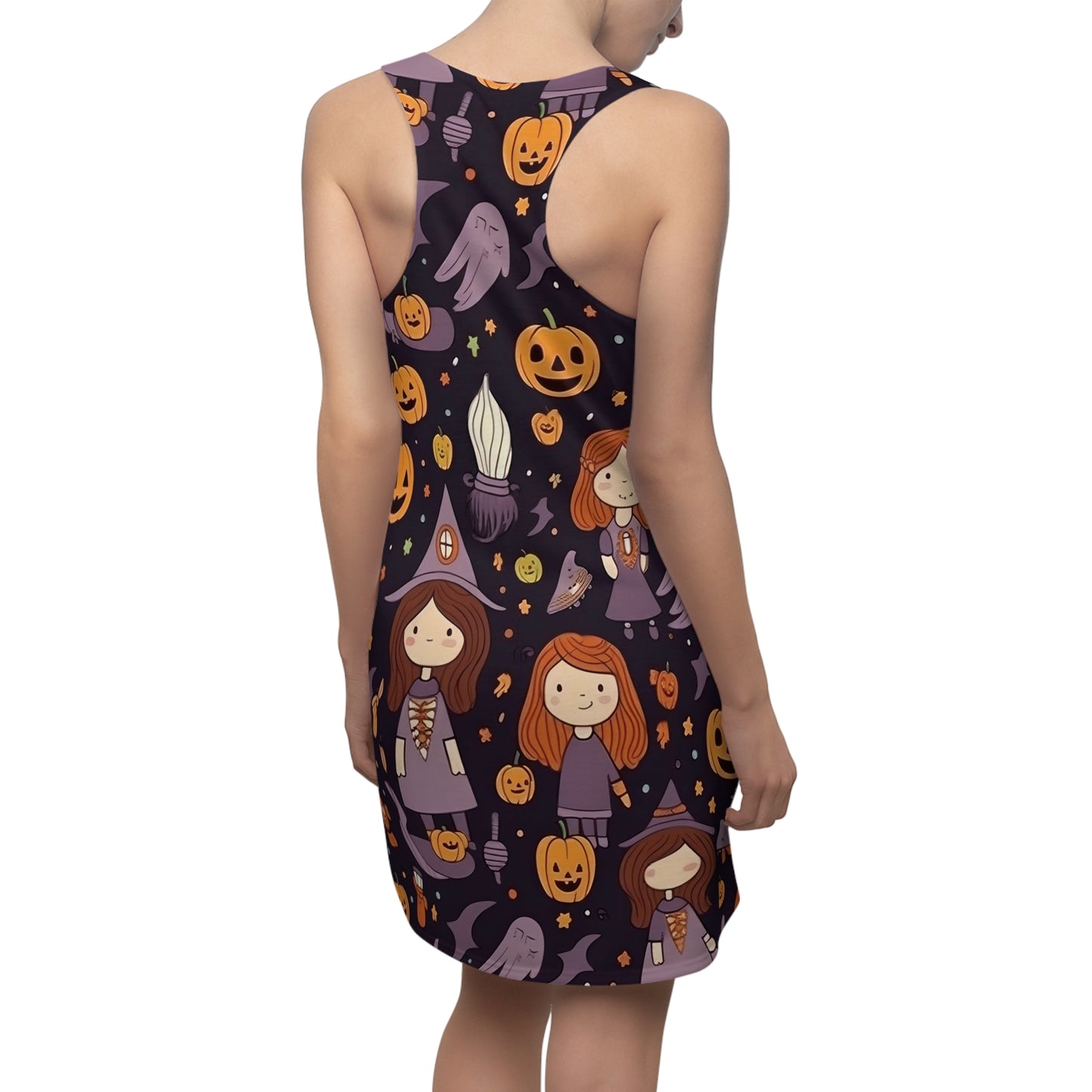 Halloween Trick or Treat Ghosts Witch Hats Jack o Lanterns Women's Cut & Sew Racerback Dress (AOP)