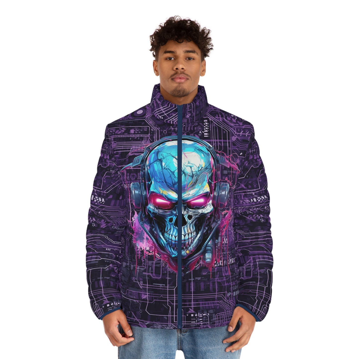 CyberPunk Cybernetic Skull breaking through a Purple Neon Circuit Board Men's Puffer Jacket (AOP)