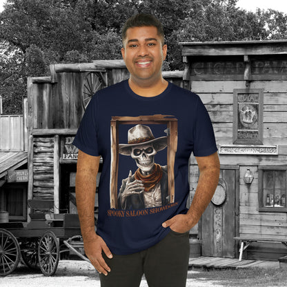 Spooky Saloon Showdown Gunslinging Skeleton Cowboy Halloween Unisex Jersey Short Sleeve Tee