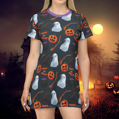 Halloween Trick or Treat Ghosts Witch Hats Jack o Lanterns T-Shirt Dress (AOP)