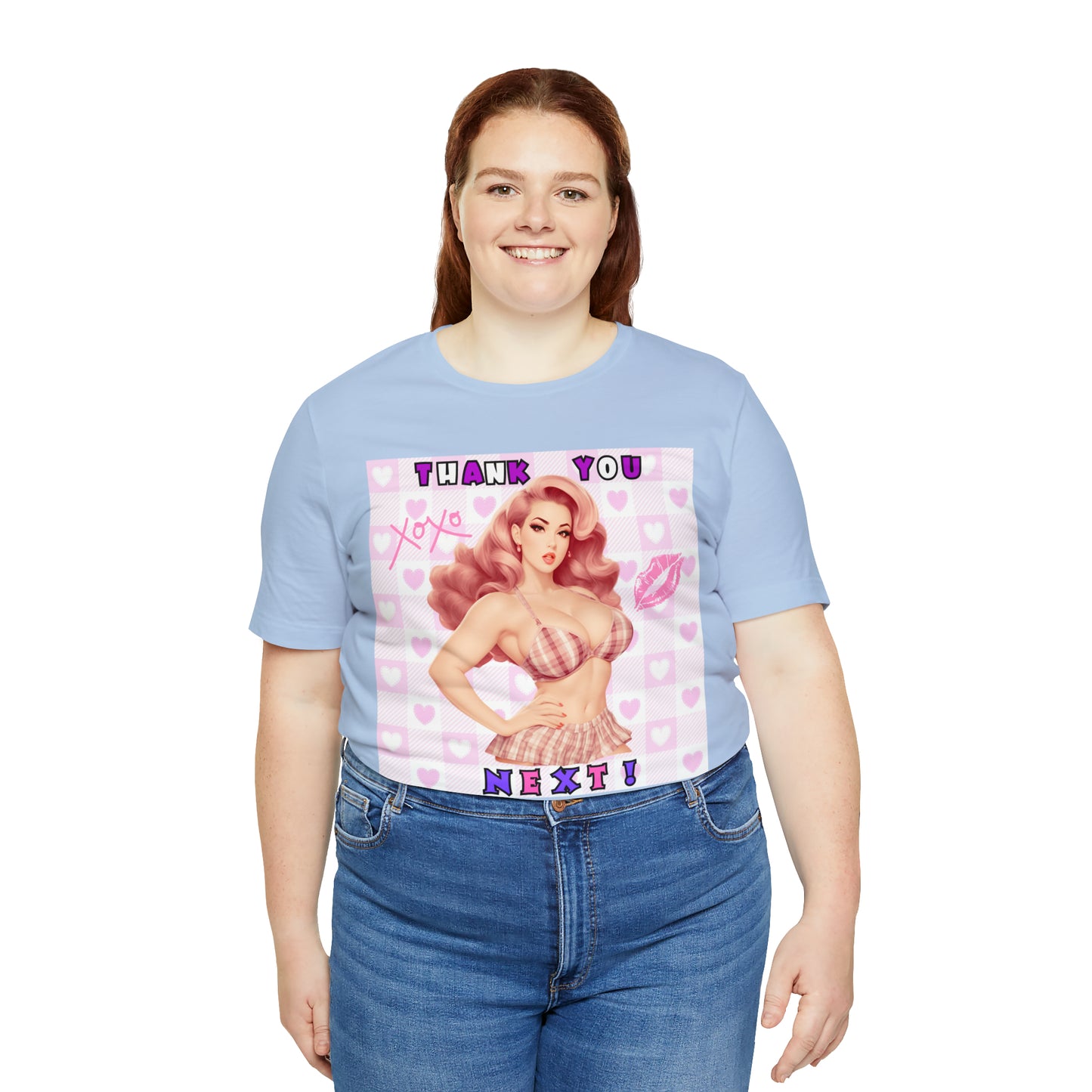 Timeless Elegance: Vintage Pink Pinup Girl "Thank You Next" on a Bella+Canva 3001 Unisex Jersey T-Shirt - A Must-Have Gift for her