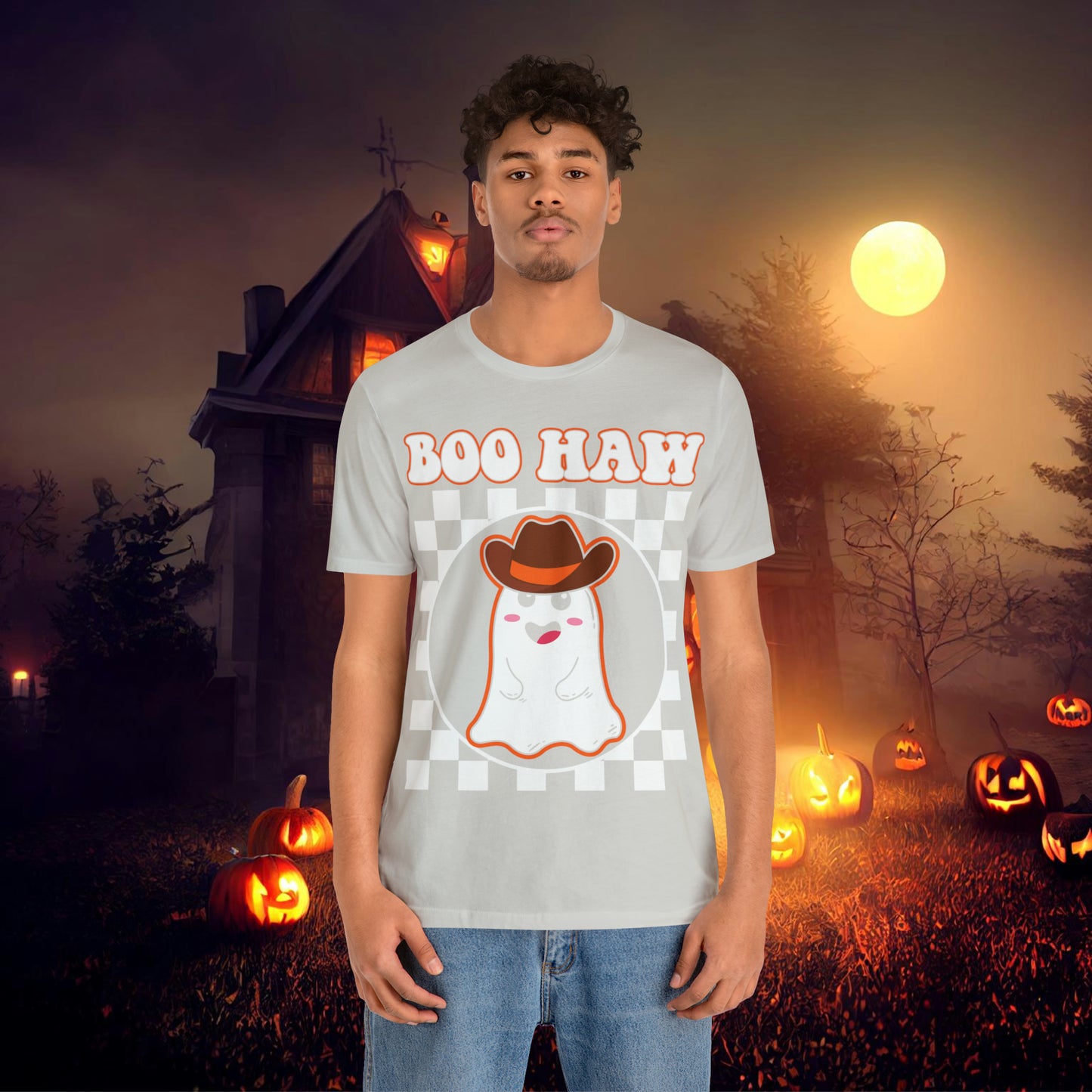 Cute Cowboy Ghost Saying Boo Haw Retro Groovy Western Halloween Unisex Jersey Short Sleeve Tee Gifts for Him Gifts For Her