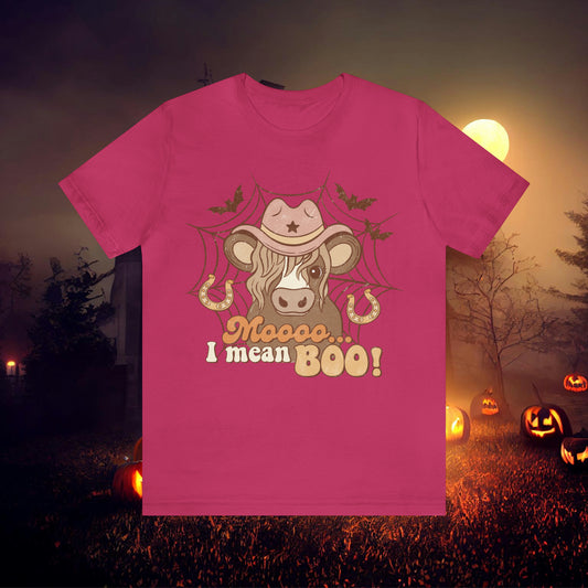 Cow Sheriff saying moooo I mean Boo! Retro Halloween Unisex Jersey Short Sleeve Tee Gifts for him Gifts for Her