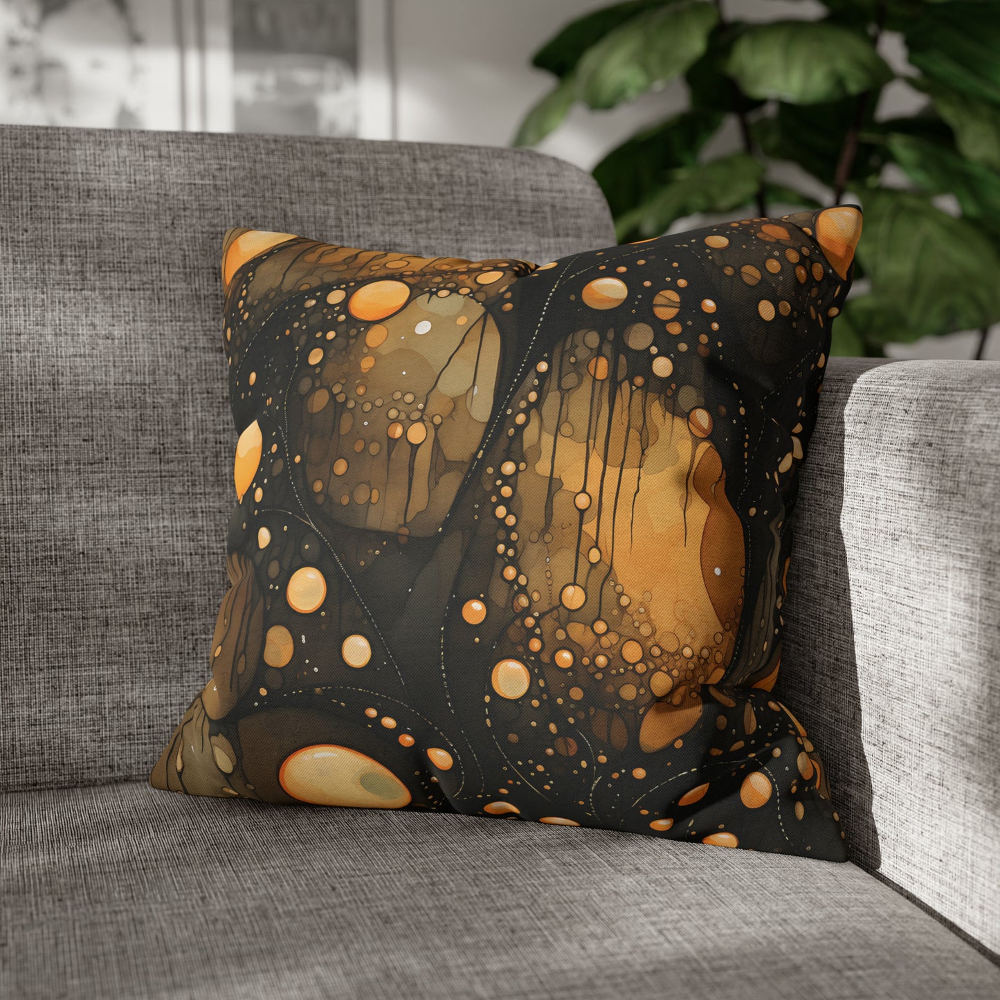 Halloween Yellow Orange Floating Blobs and Dark Spun Polyester Square Pillow Case