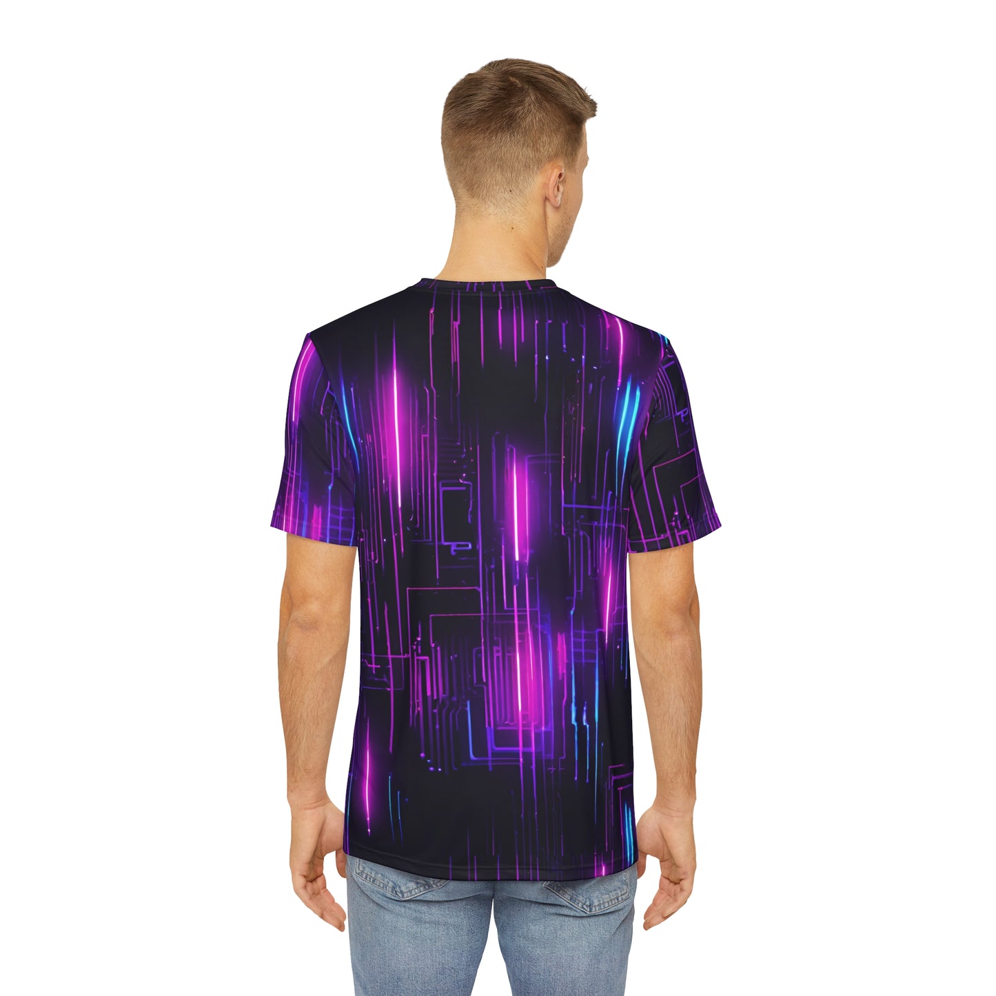 Men's Polyester Tee (AOP) - 3D Neon Cyborg Skull & Futuristic Lights Cyberpunk