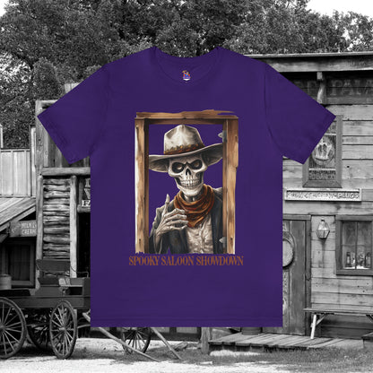 Spooky Saloon Showdown Gunslinging Skeleton Cowboy Halloween Unisex Jersey Short Sleeve Tee