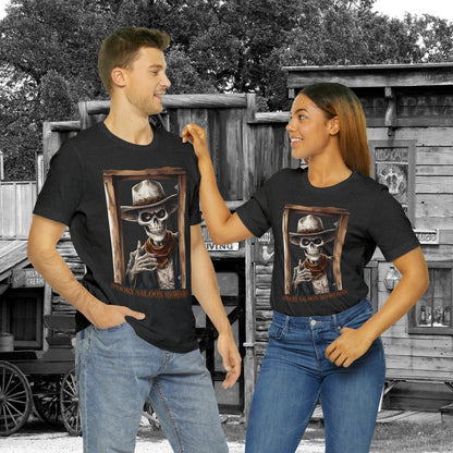 Spooky Saloon Showdown Gunslinging Skeleton Cowboy Halloween Unisex Jersey Short Sleeve Tee