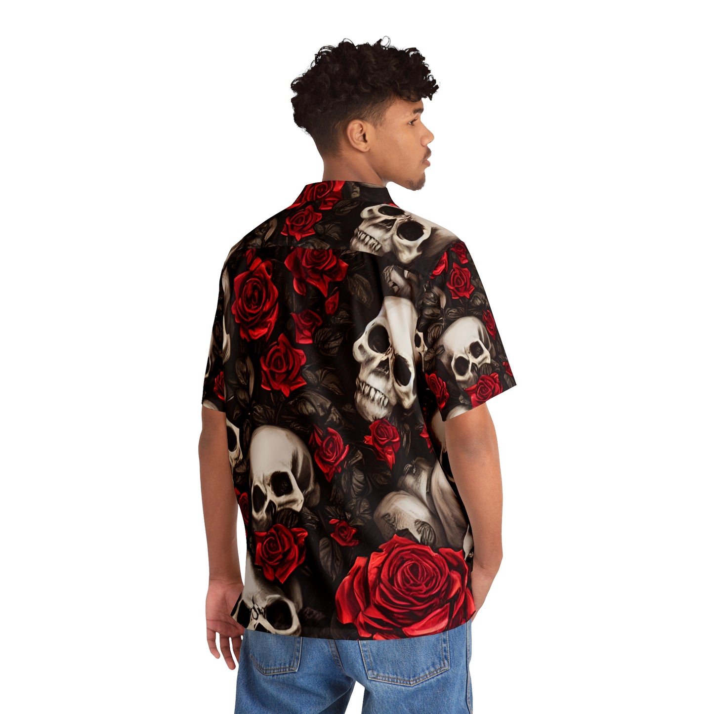 Hyper Realistic Skulls and Red Roses by artist Anne-Laure Goupil Men's Hawaiian Shirt (AOP)