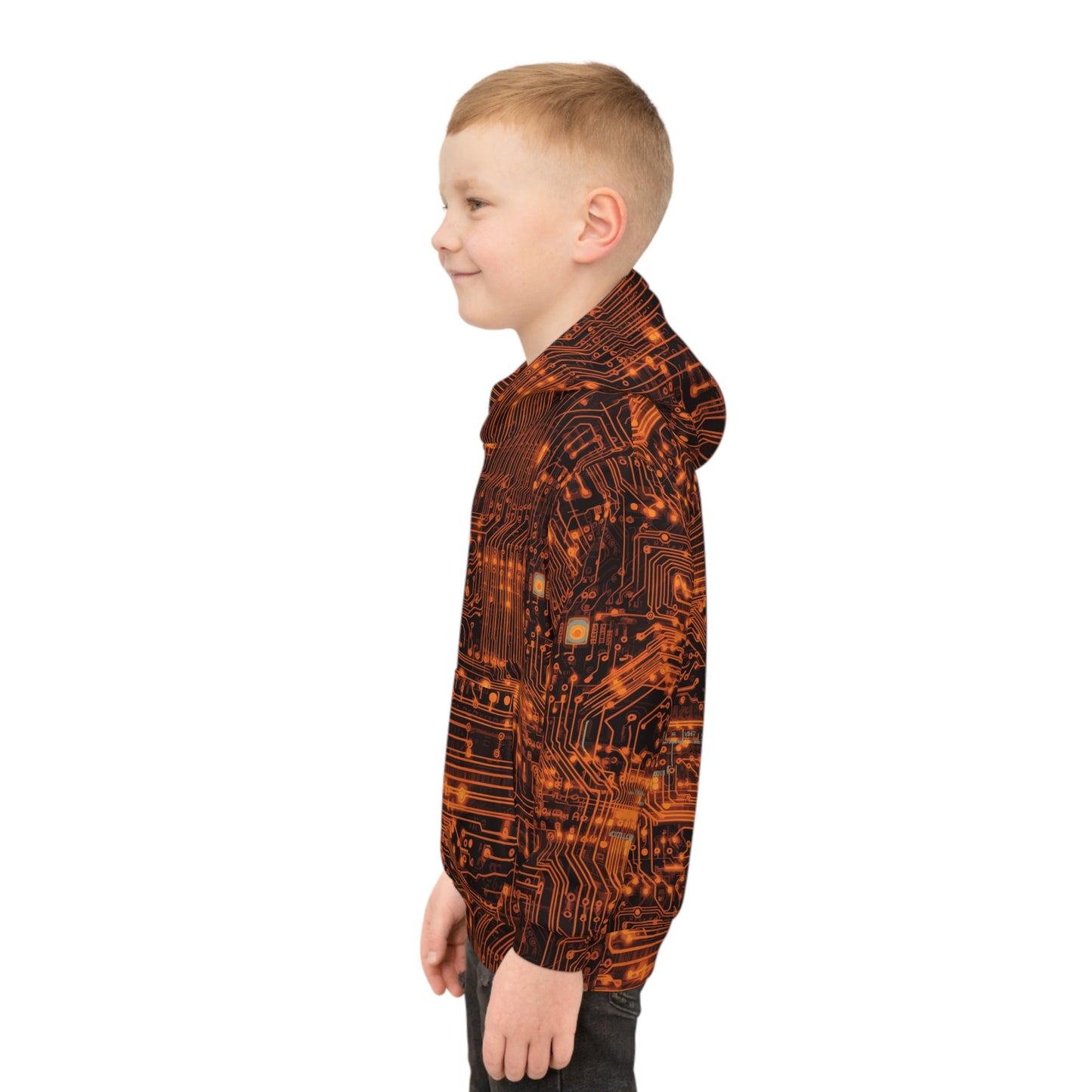 Tech Adventure Awaits: All Over Print Children's Hoodie with Orange Circuit Board and Robotic Bug Children's Hoodie (AOP)