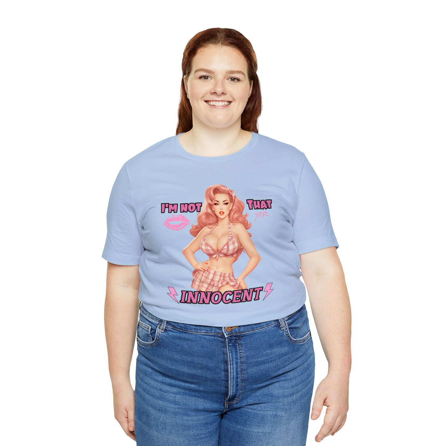 Timeless Elegance: Vintage Pink Pinup Girl "I'm not that Innocent on a Bella+Canva 3001 Unisex Jersey T-Shirt - A Must-Have Gift for her