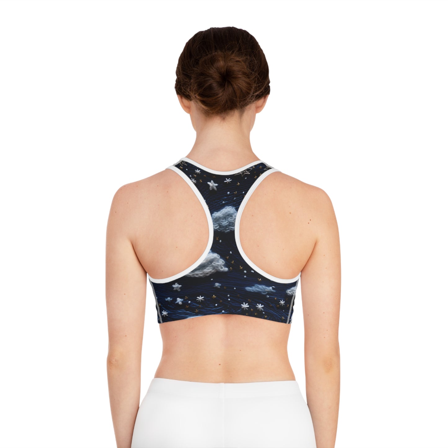 Faux Embroidered Night Sky Women's Sports Bra Stellar Style and Comfort Sports Bra (AOP)