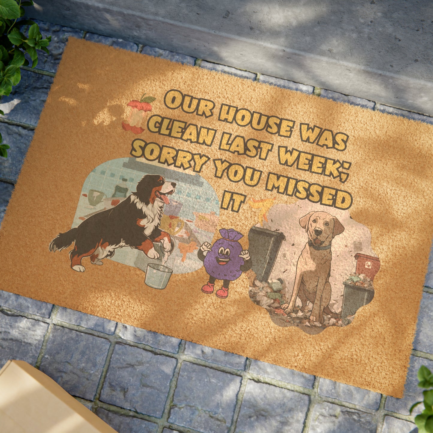 Our House was Clean Sorry You Missed It' Bernese Mountain Dog & Labrador Doormat | 24" x 16" | Outdoor Coir Welcome Mat