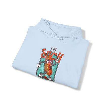 "DirkyThreadz Hot Dog Coolness Hoodie - Quirky Cartoon Design in Bold Blue"