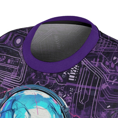 CyberPunk Cybernetic Skull breaking through a Purple Neon Circuit Board Women's Cut & Sew Tee (AOP)