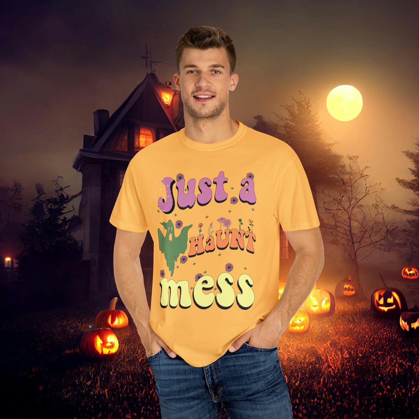 Just a Haunt Mess Retro Halloween Unisex Garment-Dyed T-shirt Gifts for Her Gifts for him