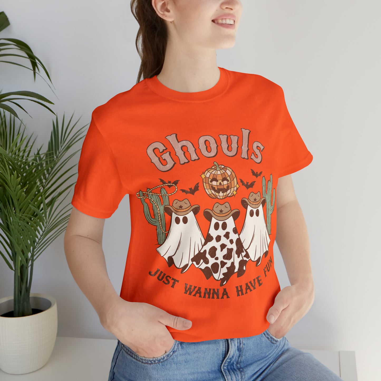 Ghouls Just wanna have fun Cowgirl Ghosts Retro Halloween Unisex Jersey Short Sleeve Tee Gifts for her