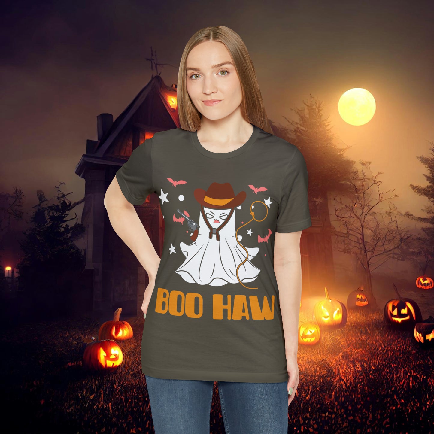 Ghost Cowboy Gunslinger saying Boo Haw Retro Western Halloween Unisex Jersey Short Sleeve Tee Gifts for Her Gifts for Him